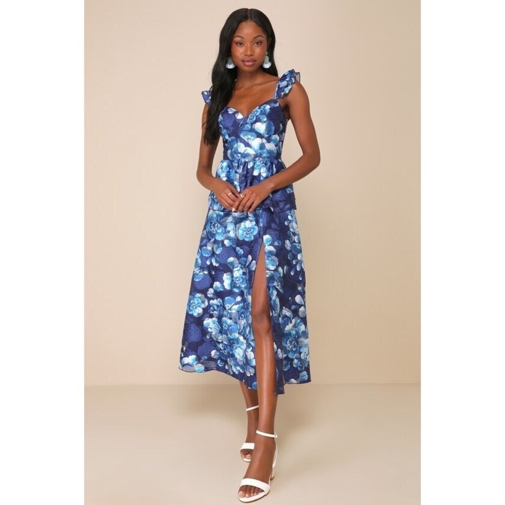 Lulus Memorable Poise Blue Floral Ruffled Bustier Midi Dress - Size L